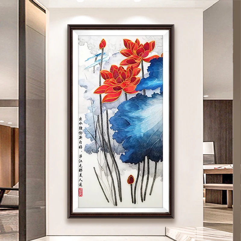 芊虹秀金线荷花十字绣2025新款线绣高端客厅大气花卉竖版手工刺绣