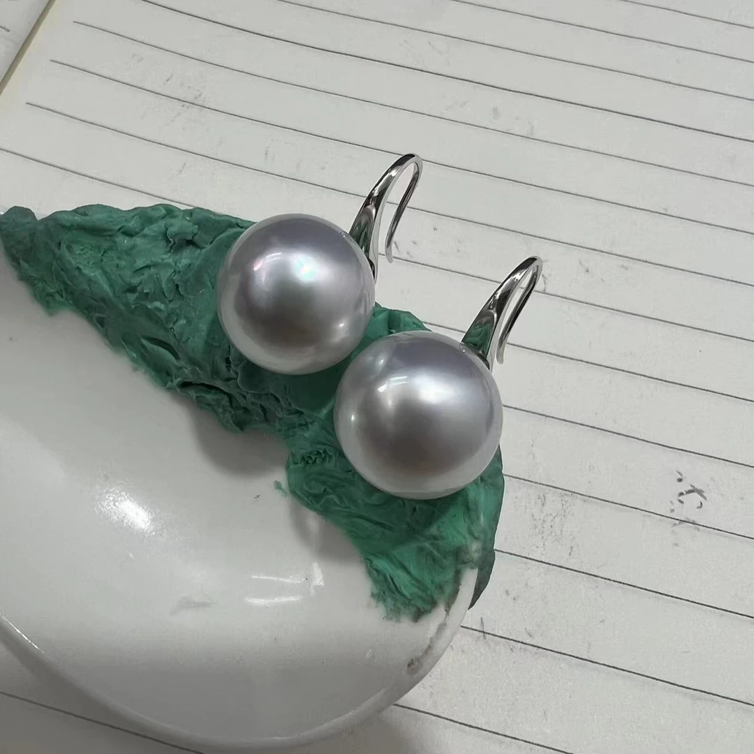 海水澳白珍珠18K金耳环宝石光14.1-14mm