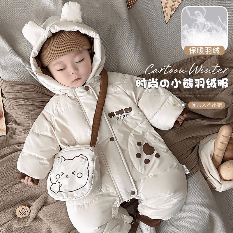 巴拉新生婴儿羽绒服冬季连体衣宝宝冬装幼儿外出服冬款带挎包羽绒