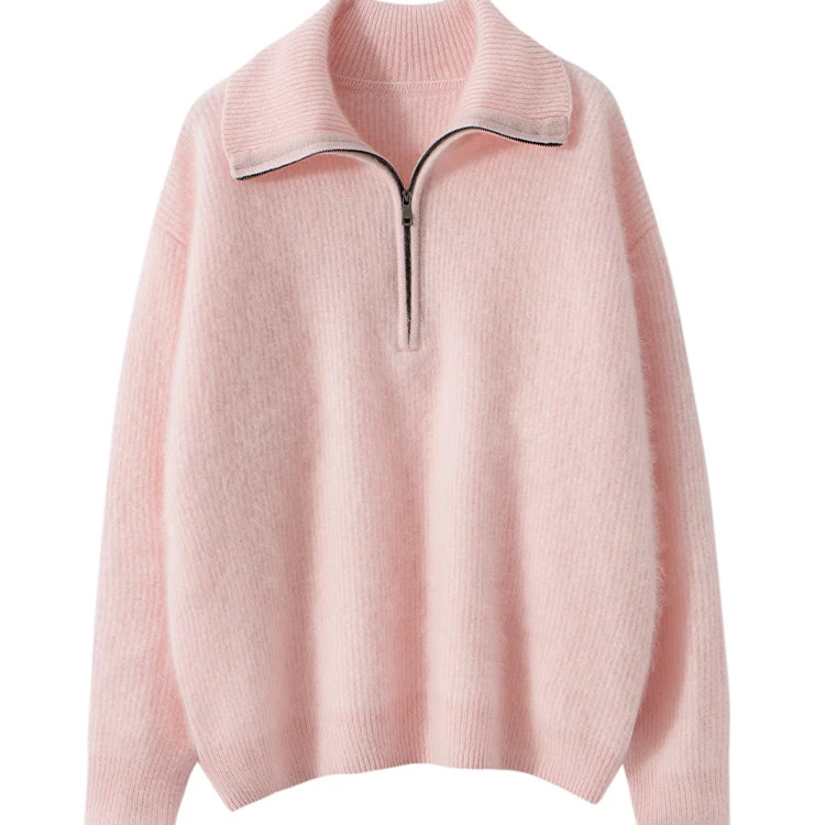 抽条衬衣领半拉链100%纯羊绒衫