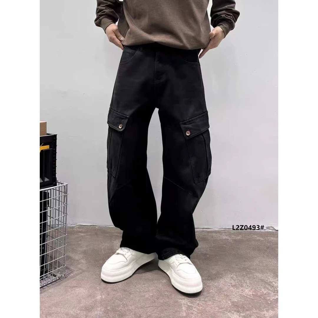 【493】冬款加绒宽松休闲结构直筒弯刀阔版潮流牛仔裤493*T9E
