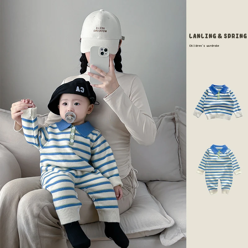 韩版婴儿春季连体衣洋气时髦条纹针织爬服2024新款宝宝毛衣哈衣潮