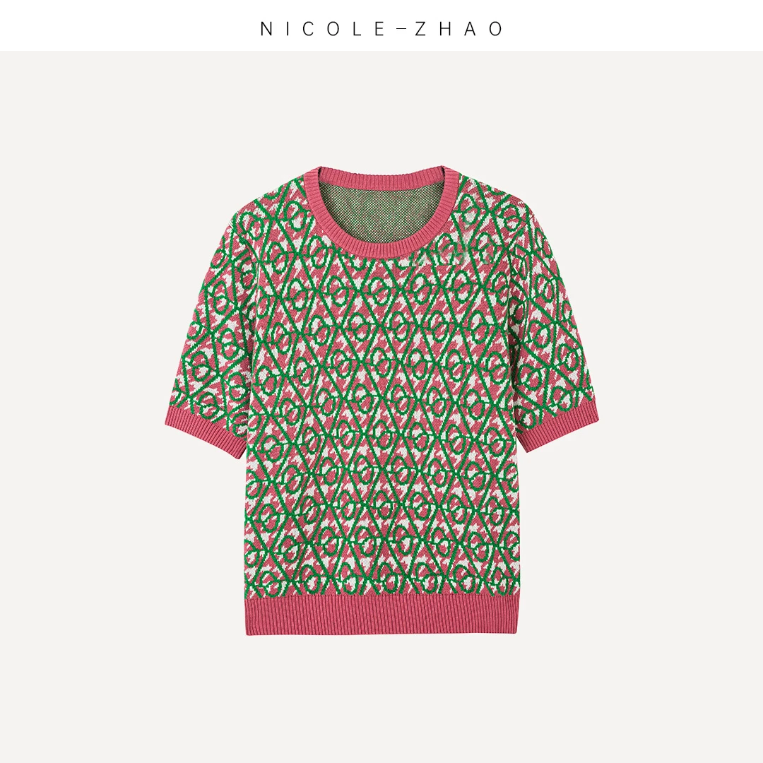 SM2125【贵姐NICOLE】高端设计师修身进口面料雪尼尔红绿花短袖