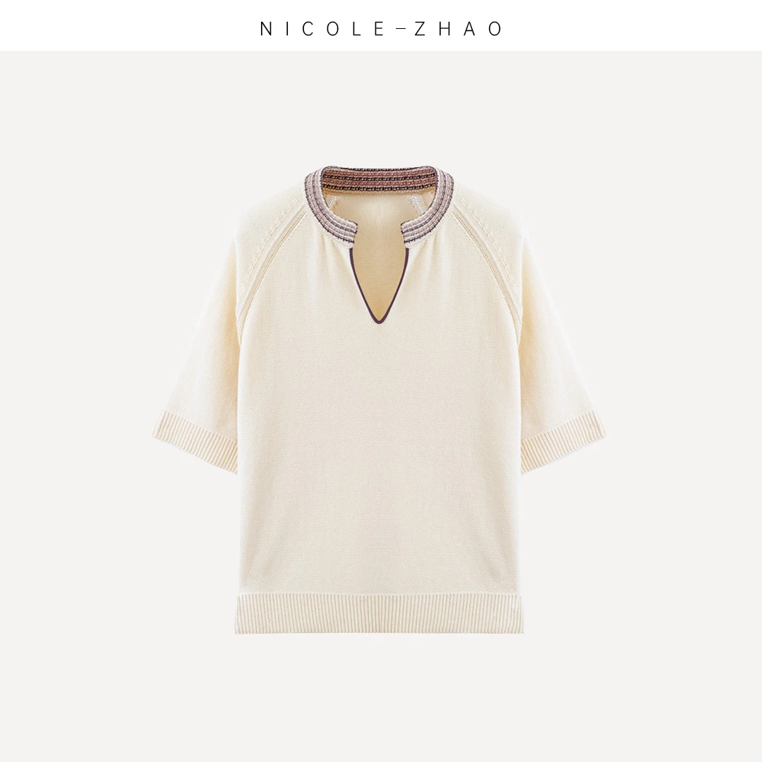 SE2126【NICOLE.ZHAO】高端气质百搭短款V领短袖毛衣上衣针织针织衫