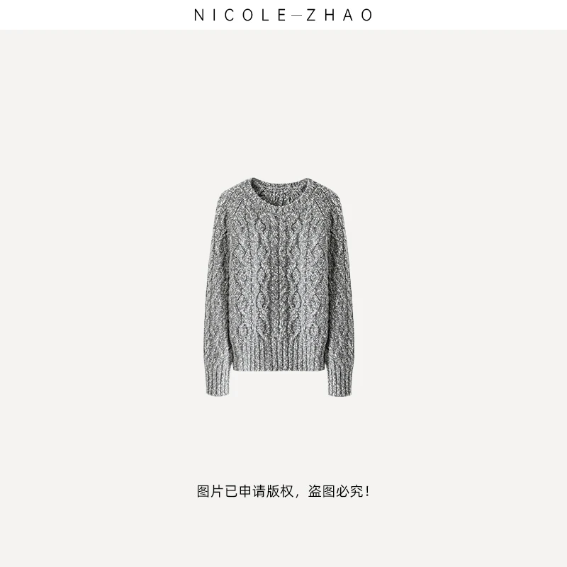 LK2514【贵姐NICOLE】2025年圆领外套长袖上衣女时尚绞花毛衣针织