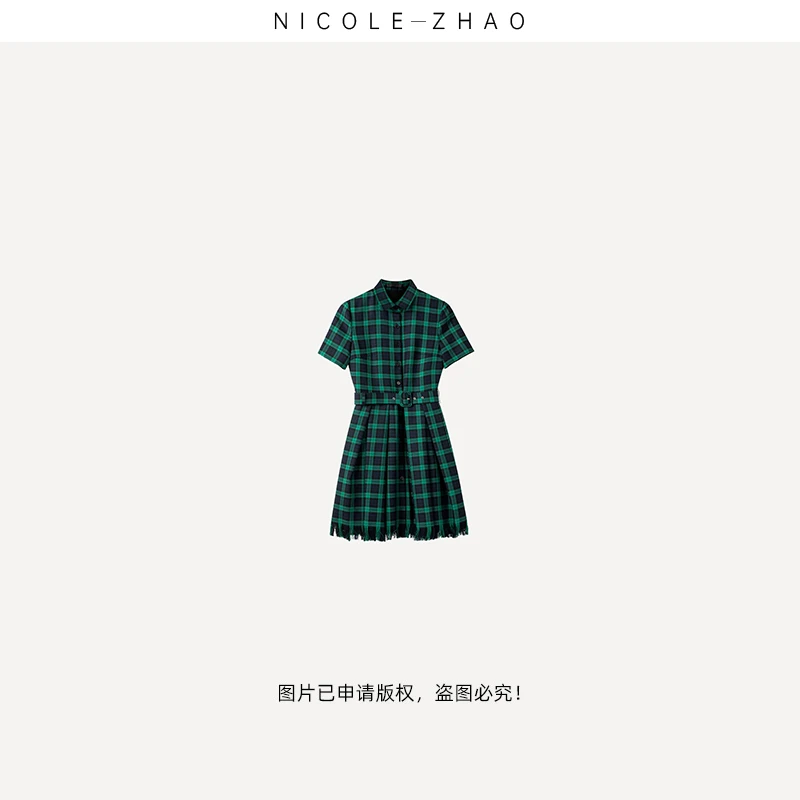 H20200【贵姐NICOLE】 高端设计师款绿格子全羊毛连衣裙显瘦