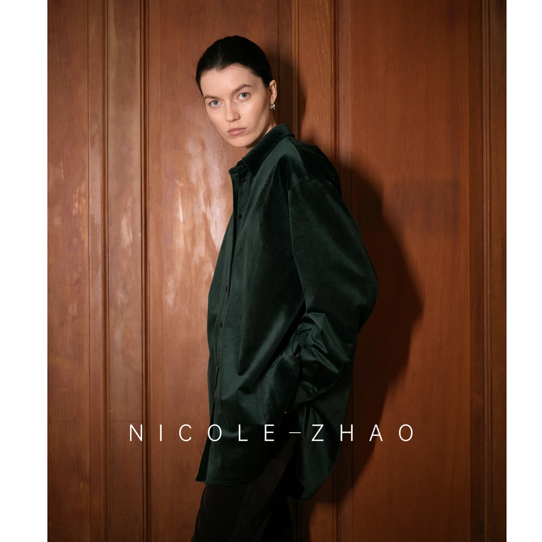 4NWC014【贵姐NICOLE】进口面料设计师款轻奢时尚休闲绿丝绒衬衫
