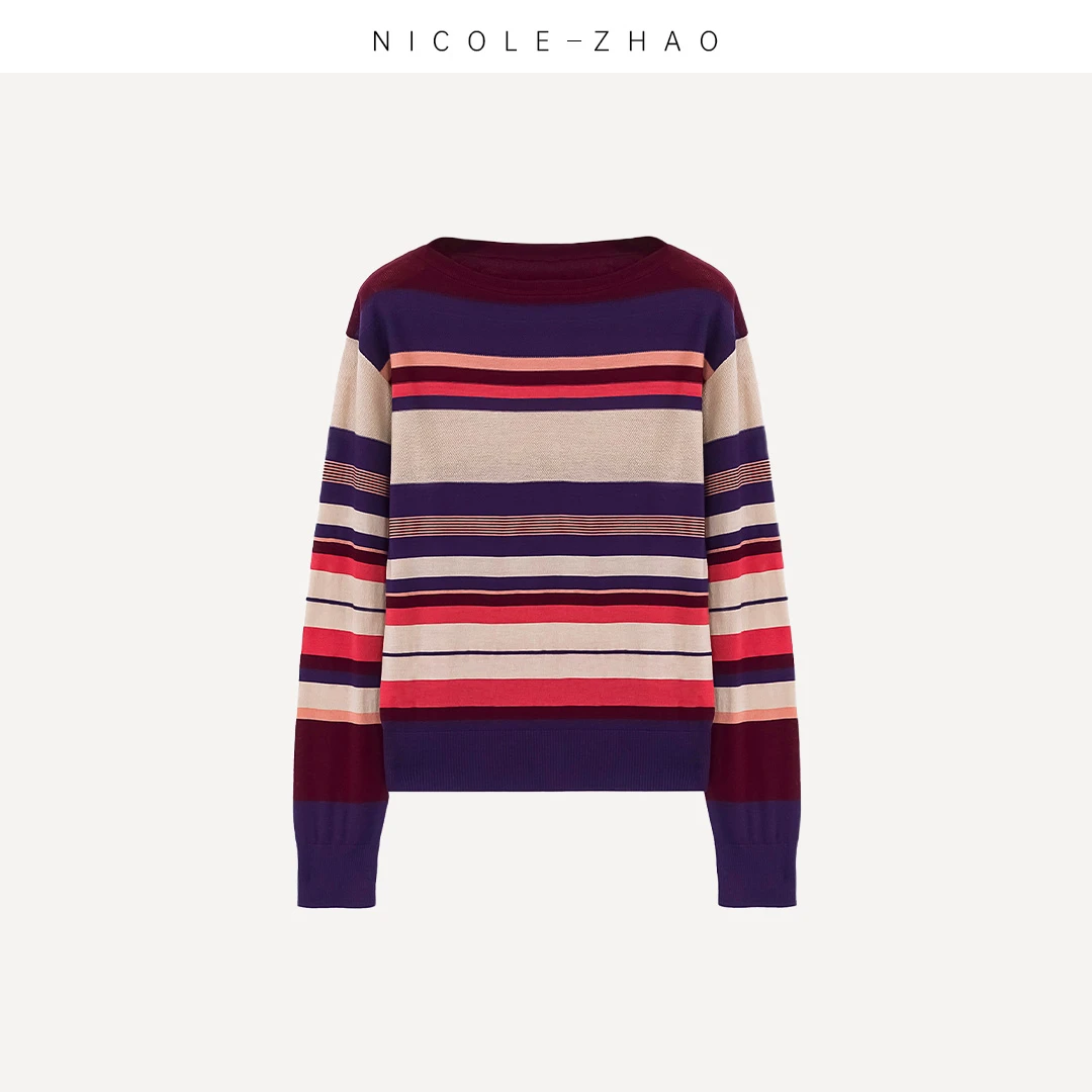 FJ0441【贵姐NICOLE】新西兰面料黄金羊毛条纹拼色针织打底