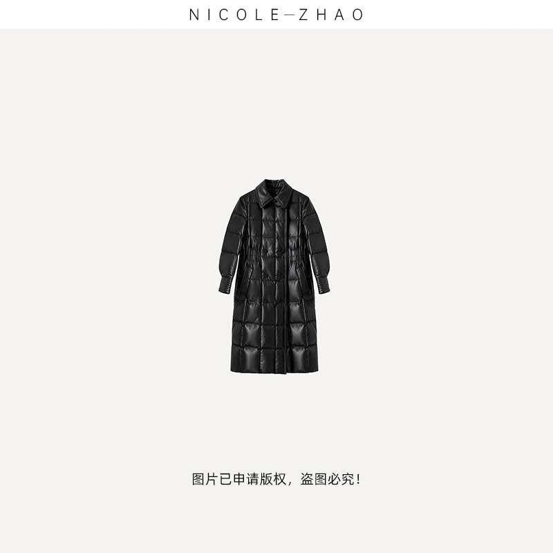 NZ21339【贵姐NICOLE】设计师款高奢皮羽绒服时尚黑色长款女士