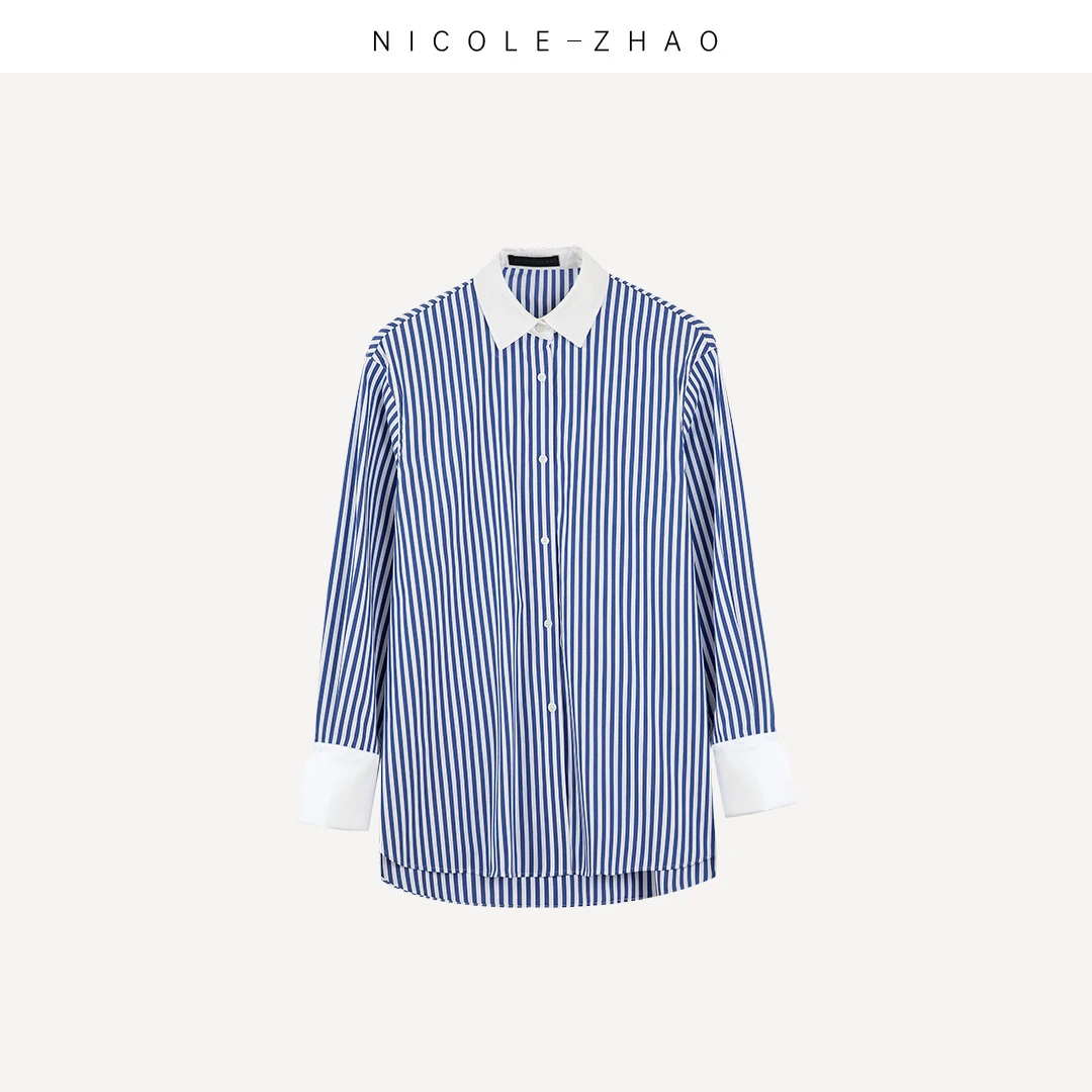 NZ2255【贵姐NICOLE】高端设计师款春季蓝白条纹长袖衬衫蓝