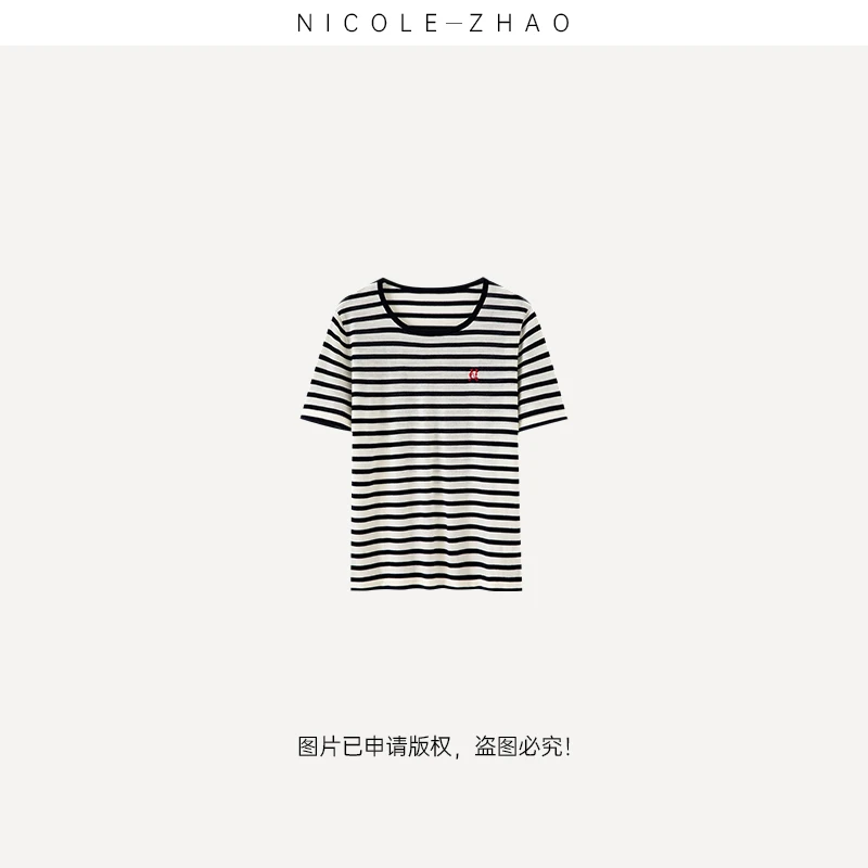 4NDT184【贵姐NICOLE】初剪羊毛春季条纹圆领T恤短袖