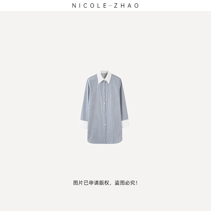 2MB037【贵姐NICOLE】2025早春显瘦减龄条纹衬衫外套长袖