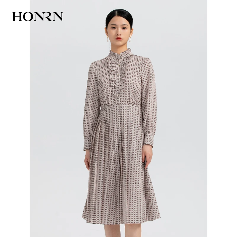 HONRN/红人气质印花长裙子长袖收腰显瘦a字连衣裙女春秋HH33OL278