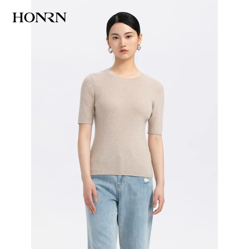 HONRN/红人休闲早秋短袖绵羊毛修身圆领套头针织衫上衣HH33OM671