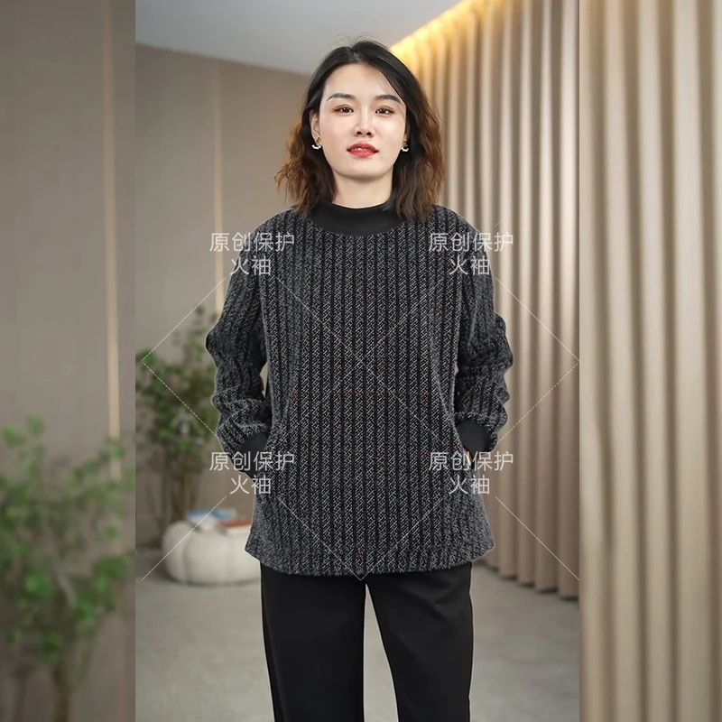 火袖F650半高领毛绒感2024秋冬季爆款长袖上衣女厚实保暖条纹小衫