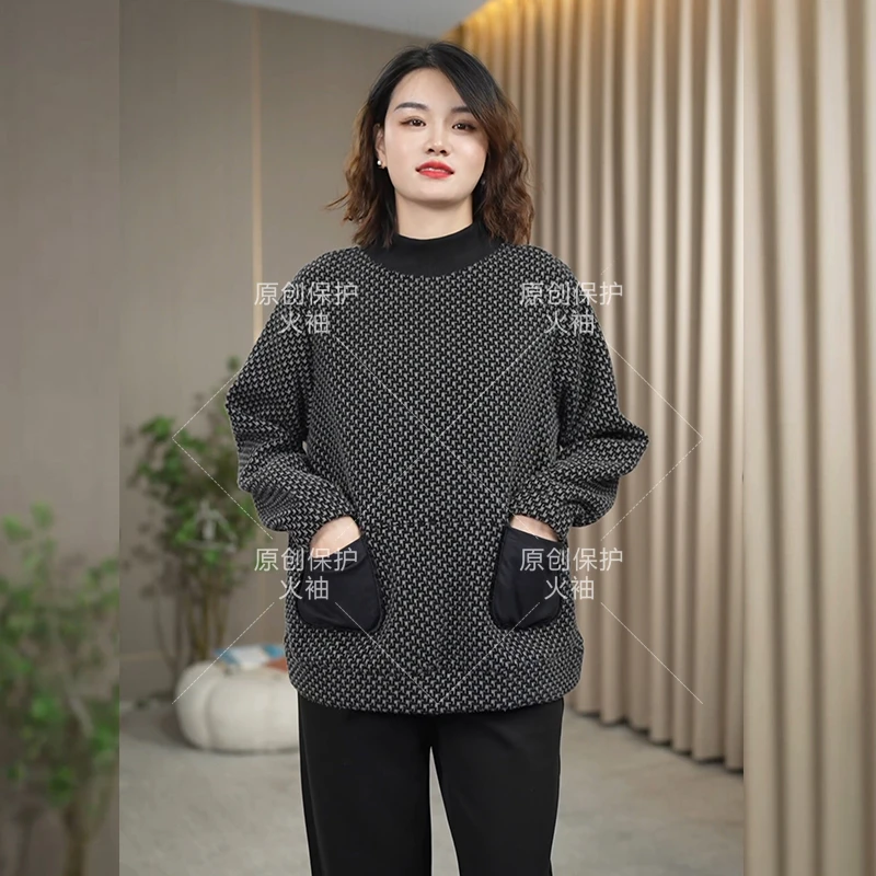 火袖F558妈妈半高领毛绒感上衣女2024秋冬新款宽松胖mm长袖套头衫