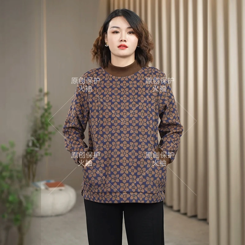 火袖F293时尚半高领上衣女2024秋冬新款宽松遮肚子长袖妈妈装小衫