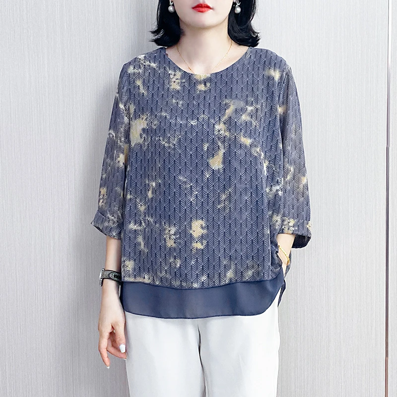 A241时尚夏季新款圆领印花宽松减龄女士上衣