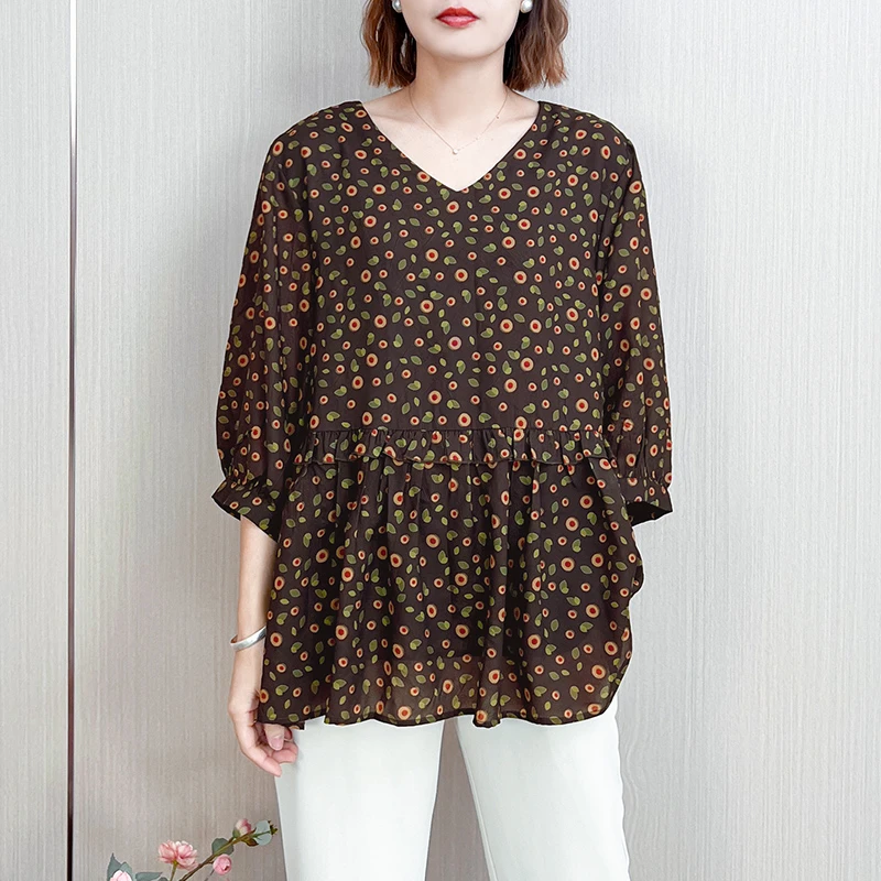 A393时尚新款V领碎花宽松大码灯笼袖上衣
