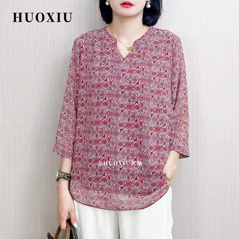 6906【火袖】时尚新款半开领印花宽松遮肚子上衣