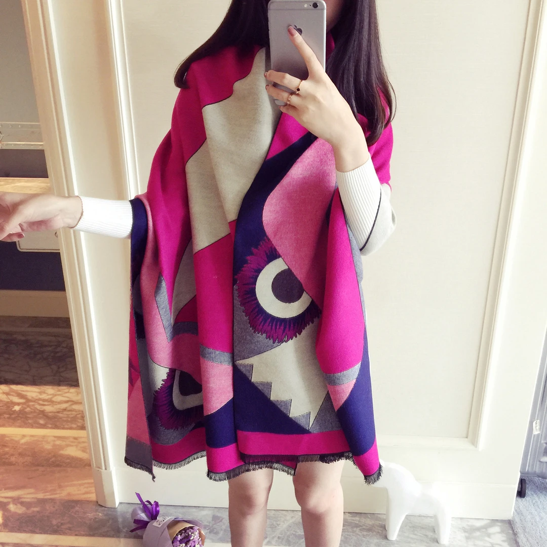 韩版秋冬季玫红拼色小鸟保暖仿羊绒围巾女加厚仿羊毛长款披肩围脖