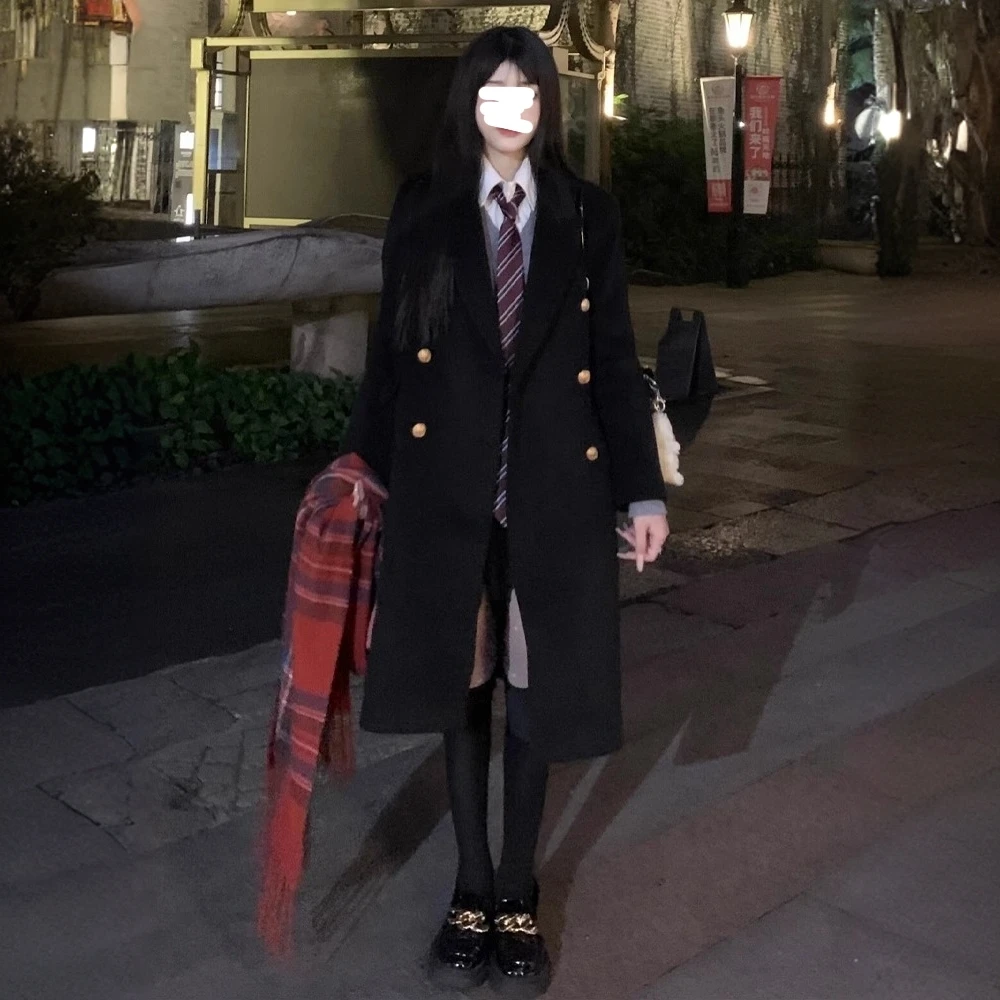学院风jk正肩大衣女秋冬高级感中长款双排扣黑色双面呢子外套