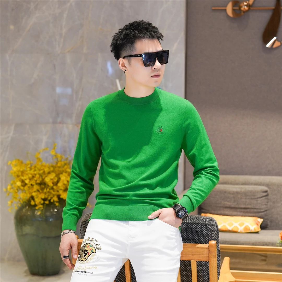 高类2025秋季男士高端蓬松彩绿色圆领绵羊毛针织衫时尚毛衣潮2089