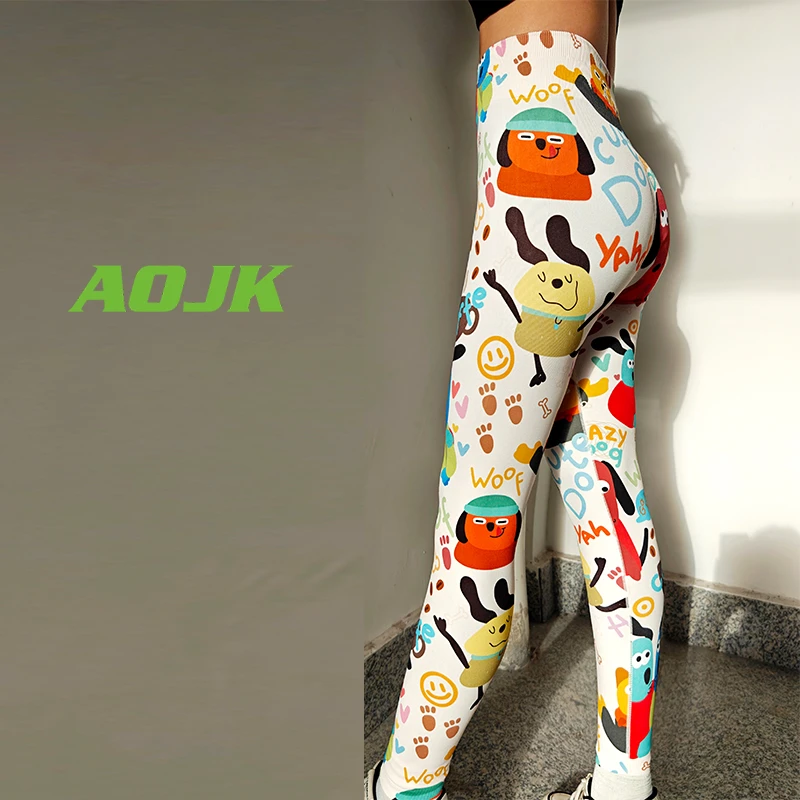AOJK可爱印花瑜伽裤女收腹提臀健身运动花裤子锦纶无缝针织瑜伽服