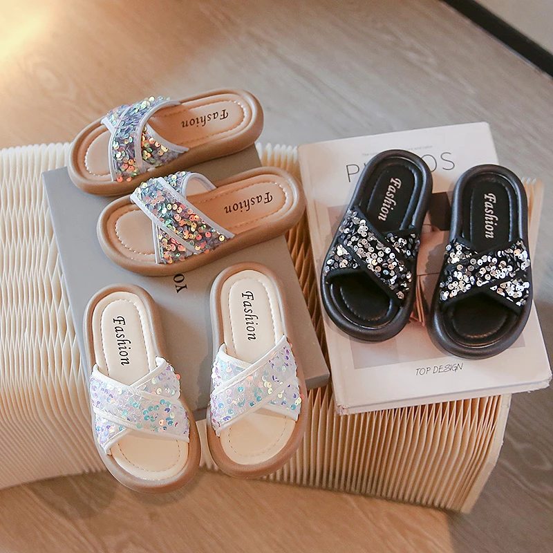 女童外穿拖鞋2024夏季潮款小女孩亮片公主风一字拖平底软底沙滩拖