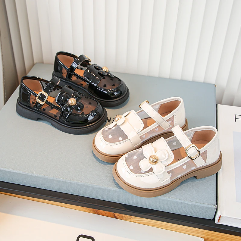 女童皮鞋2025新款小女孩单网透气公主鞋小童英伦风单鞋洋气小花鞋