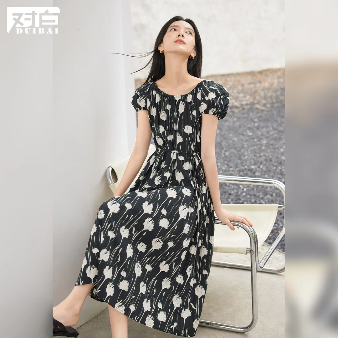 对白优雅法式泡泡袖连衣裙女2024夏季新款圆领收DBDY-EDQ163