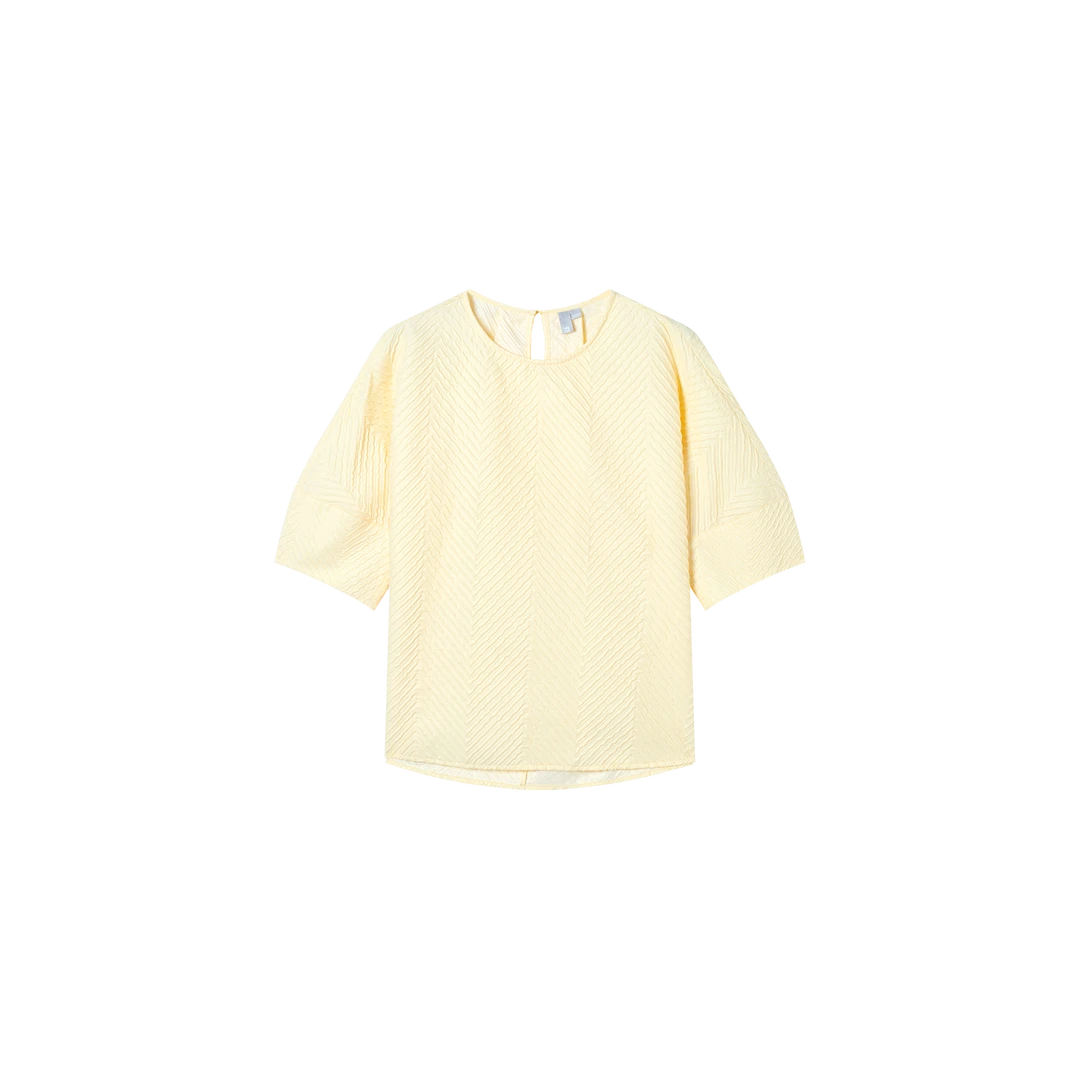 对白法式泡泡袖衬衫女夏简约肌理感宽松圆领短袖DYZB-DDC078