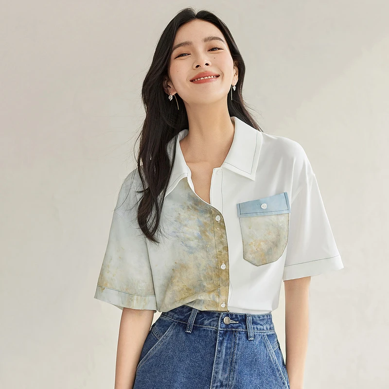 对白X凯伊莱文联名撞色拼接衬衫女新款落肩宽松短袖DBDY-DDC105