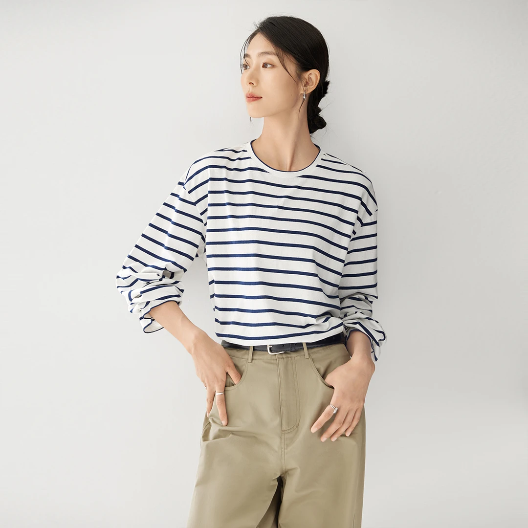 D01对白条纹长袖T恤女罩衫慵懒风宽松休闲上衣EDT188