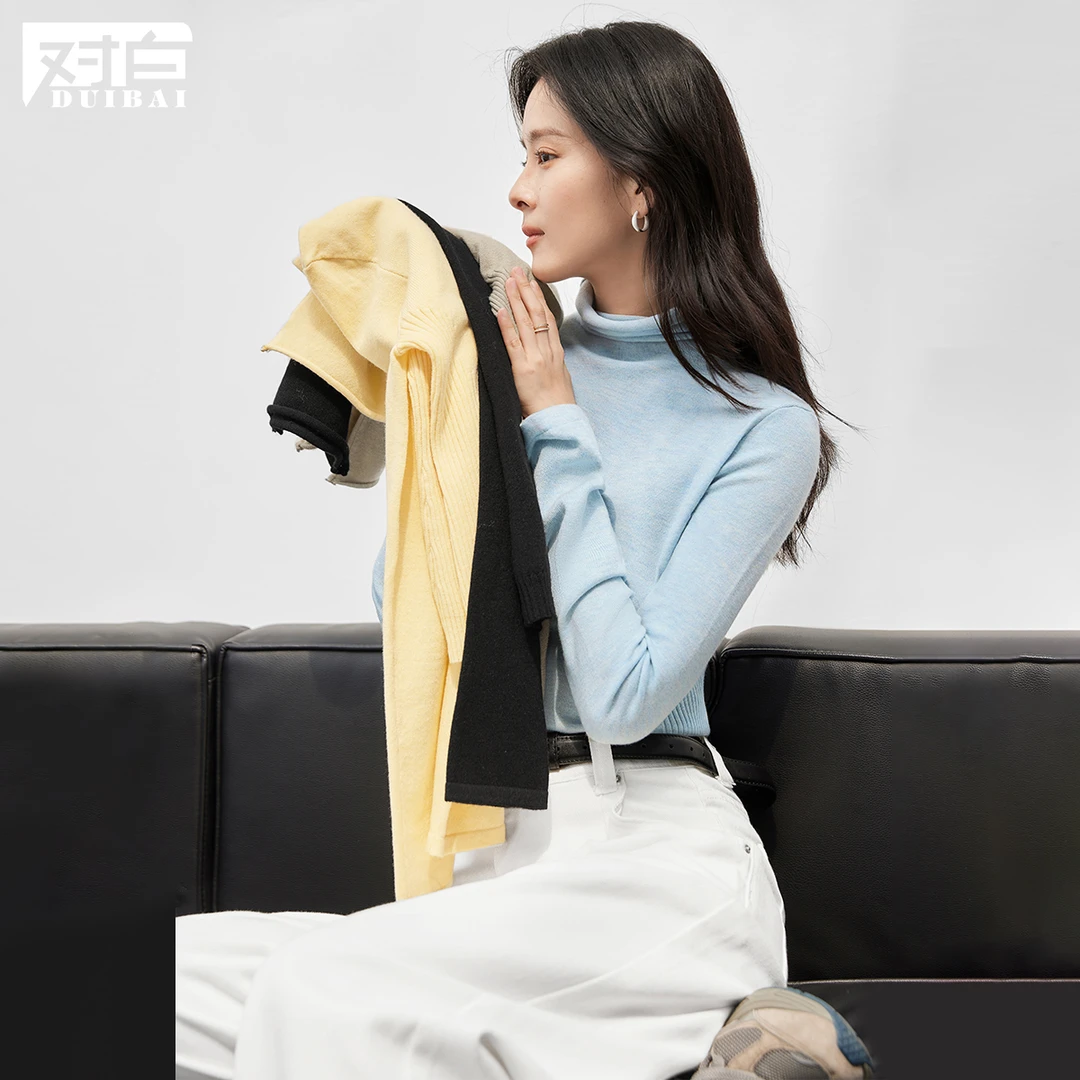 对白【多色】高领修身针织打底衫女2024冬季新款内搭显瘦毛衣上衣