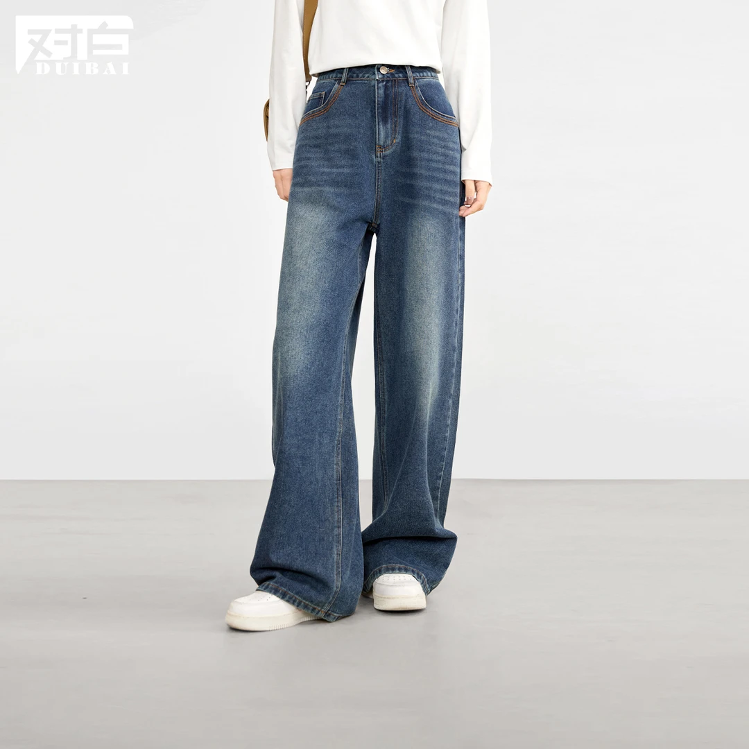 对白欧若风复古深蓝色直筒牛仔裤女2024秋时髦百搭显瘦拖地长裤