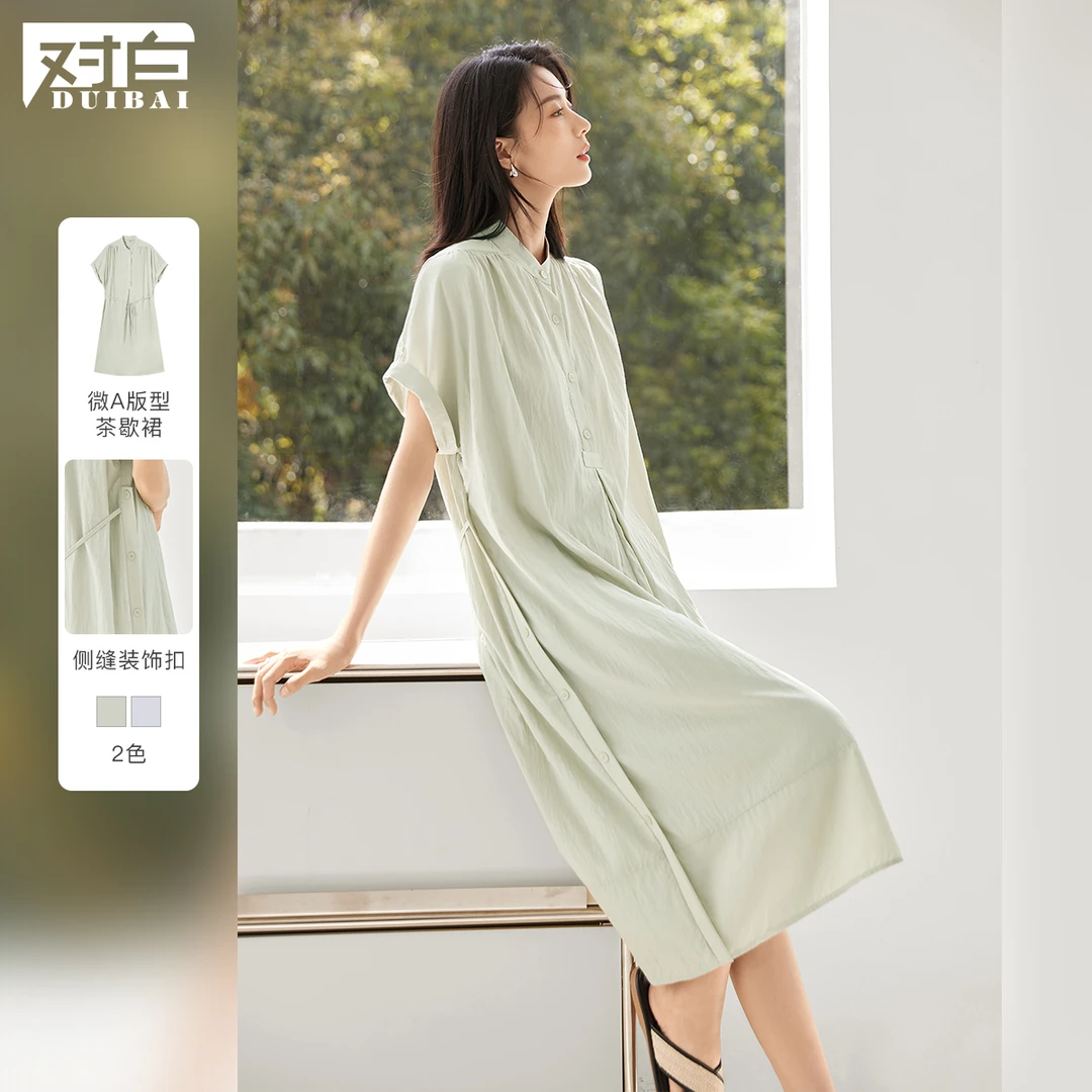 对白法式优雅圆领连衣裙女2024夏季新款设计感泡泡袖气质约会长裙