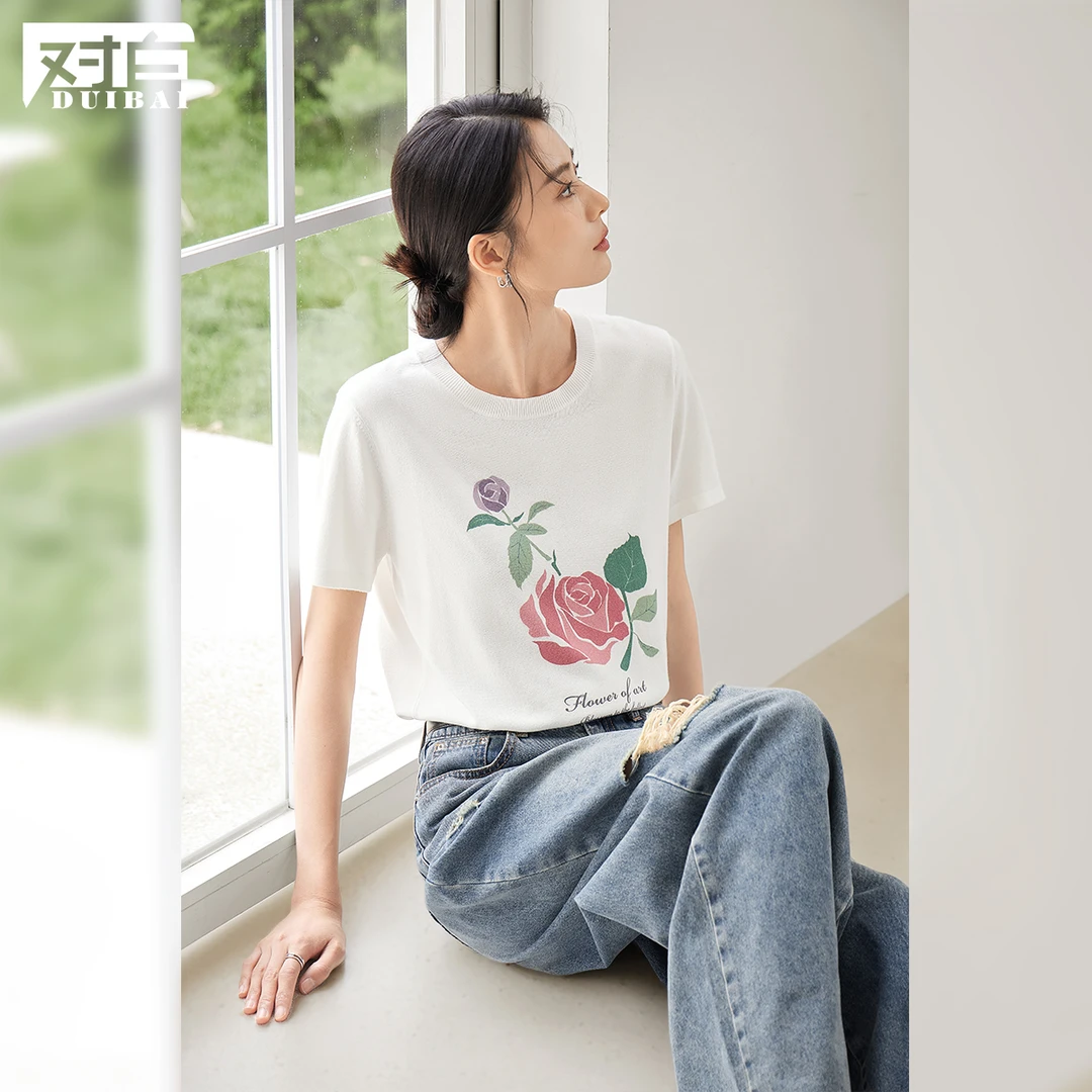 对白浪漫玫瑰印花短袖针织衫T恤女2024夏季新款优雅小众白色上衣