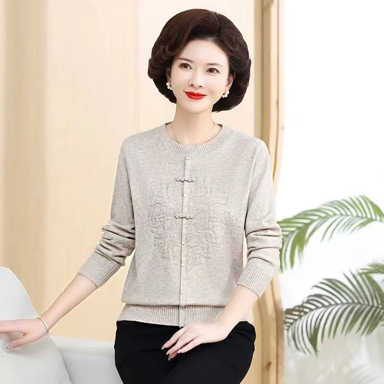 妈妈中式洋气针织长袖国风新款上衣时尚中老年女秋季打底毛衣8695