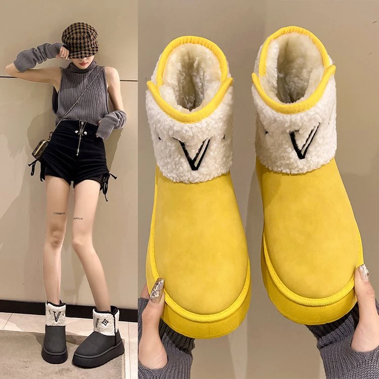 PEIFUMAN松糕厚底雪地靴女韩版圆头毛毛字母刺绣短靴女士棉鞋H4