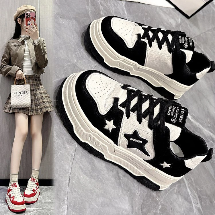 新款春秋网红小众厚底白鞋ins百搭时尚舒适平底休闲鞋增高板鞋