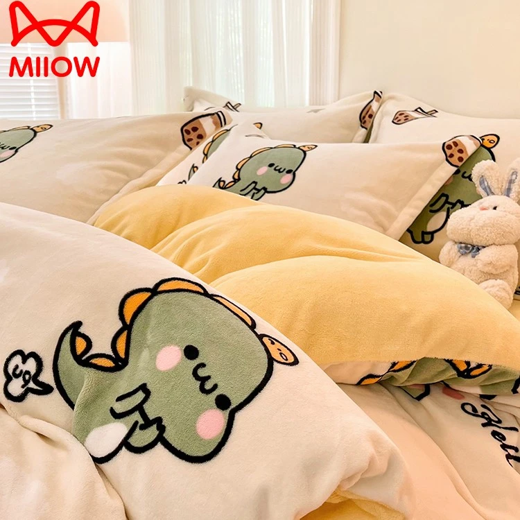 猫人卡通牛奶绒四件套双面加厚保暖珊瑚法兰绒床单被套床上三件套