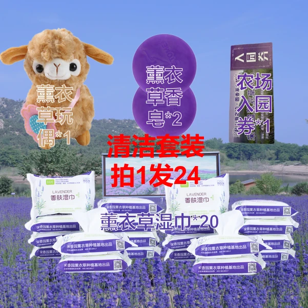 双11薰衣草清洁套装【拍1发24】香皂*2+湿巾*20+羊玩偶*1+入园券*1