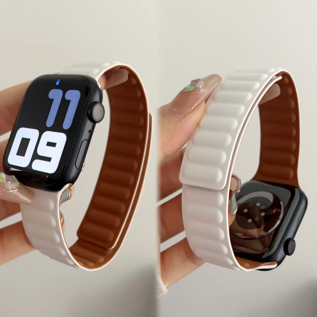适用苹果手表表带硅胶磁吸applewatch9/s8/se/765432透气回环表带