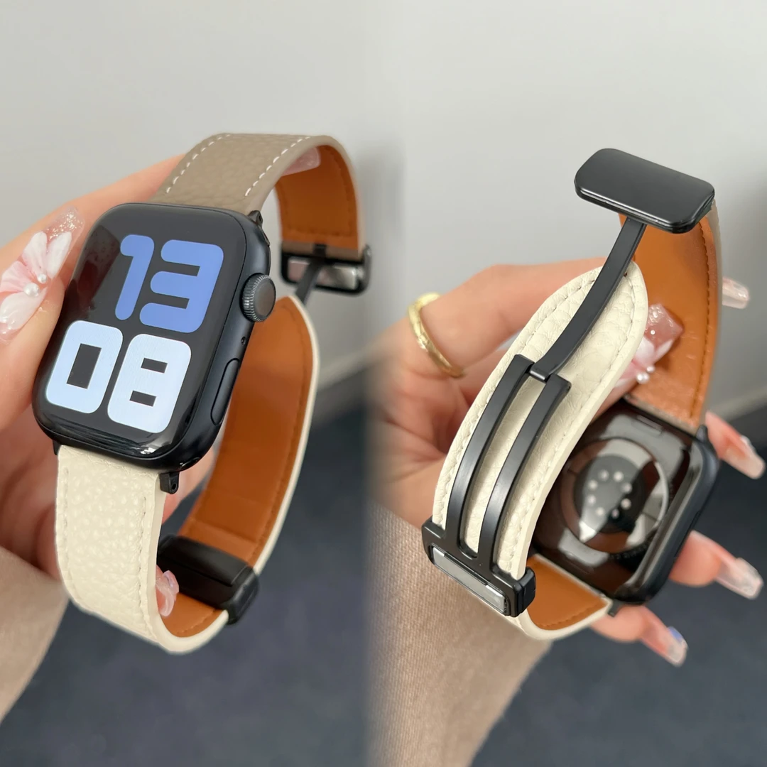 荔枝纹小羊皮双拼色适用于applewatch 9 8代7654代SE新款皮质表带