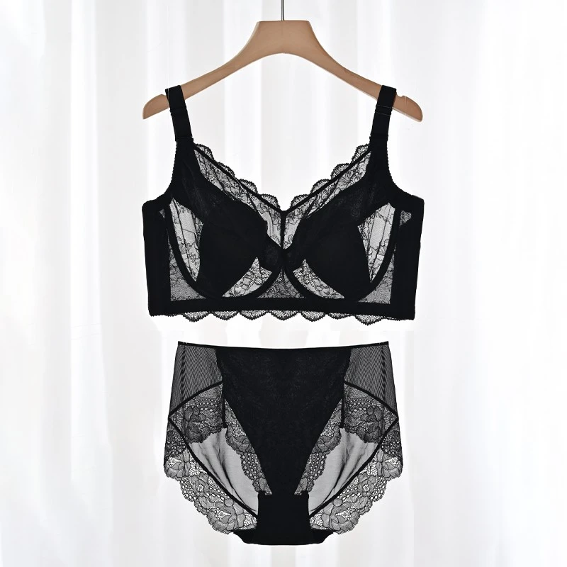 黑色蕾丝薄款大胸显小内衣女套装全罩杯有钢圈防下垂超薄文胸内裤