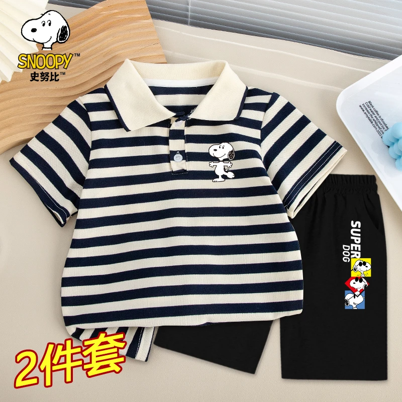爆两件套套装史努比男童装短裤POLO衫两件装条纹印花t恤打底半袖