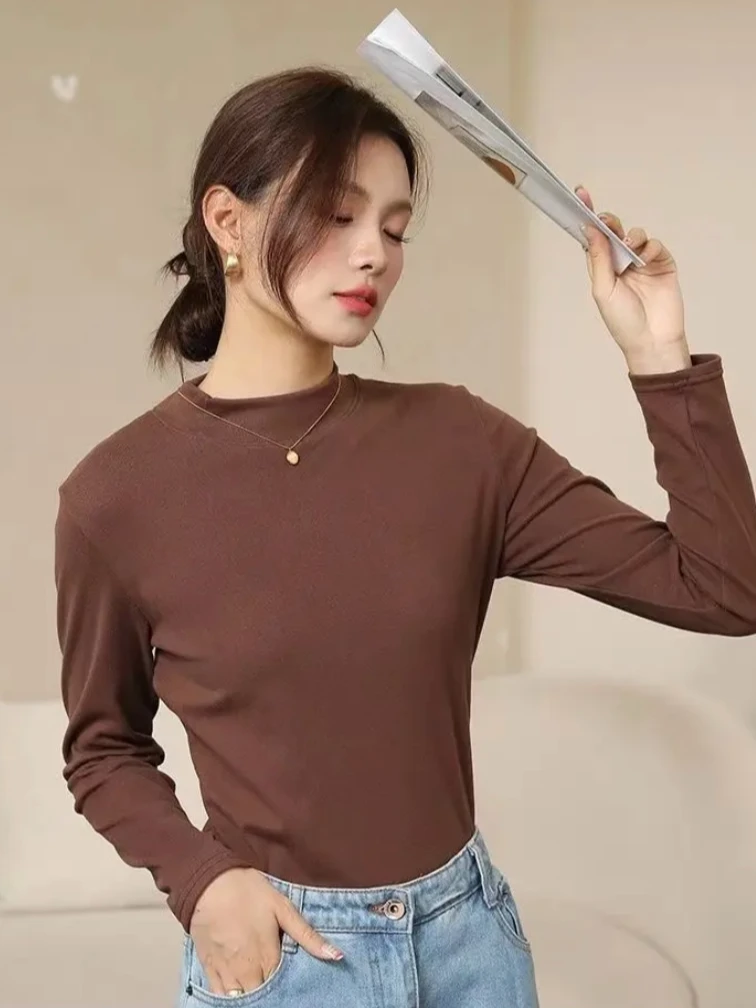 休闲时尚半高领纯色时百搭尚针织打底衫t恤秋冬简约长袖上衣中领