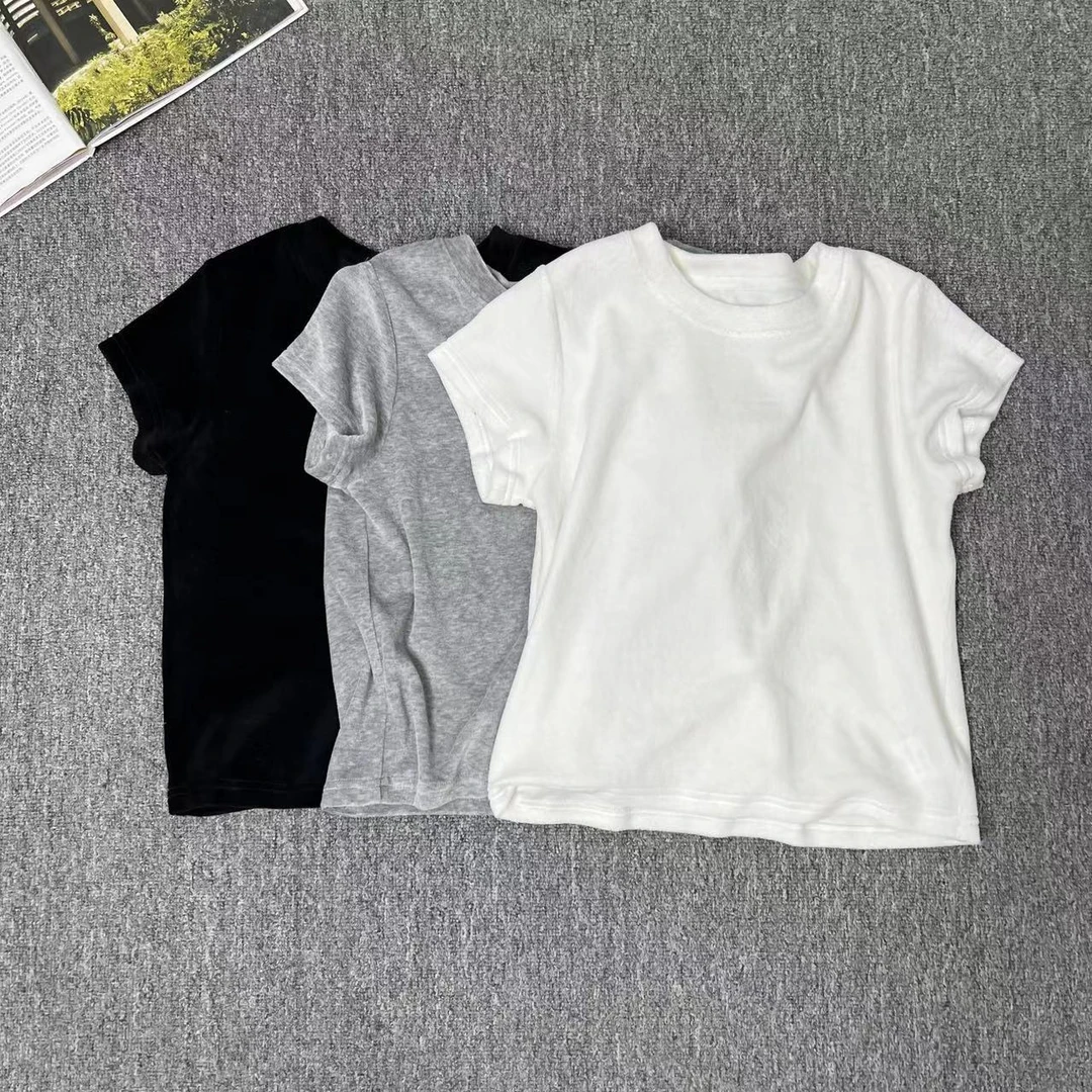 83128余小鱼 三色圆领纯色绒感韩版夏季休闲百搭舒适温柔短袖女装