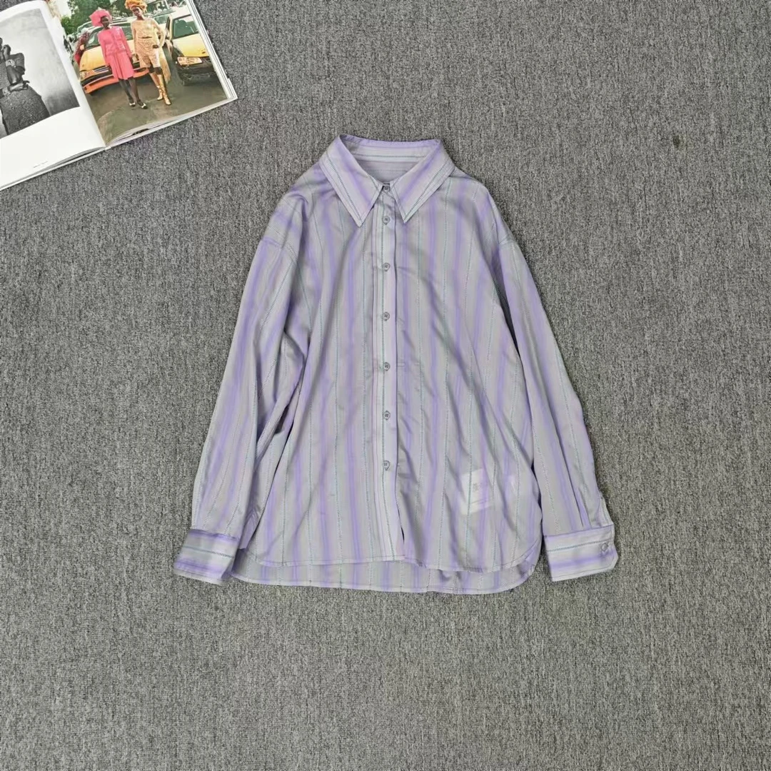 83294余小鱼 紫条纹单排扣韩系小众设计时尚休闲POLO长袖衬衫女装